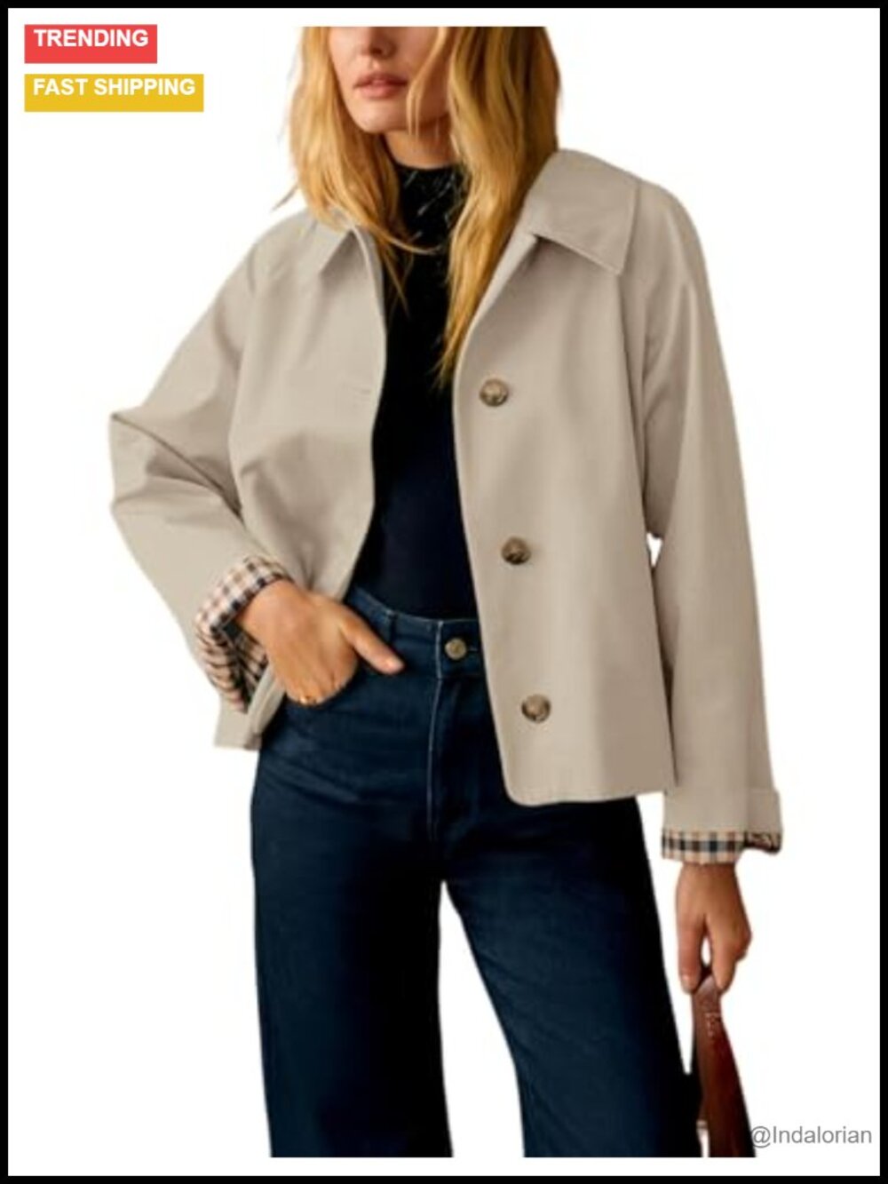 Oversize Trench Coat Plaid Lining Lapel Button Down Crop Jacket